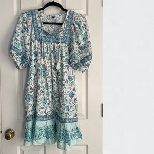 Light Blue Floral Puff-Sleeve Printed Mini Swing Dress Small